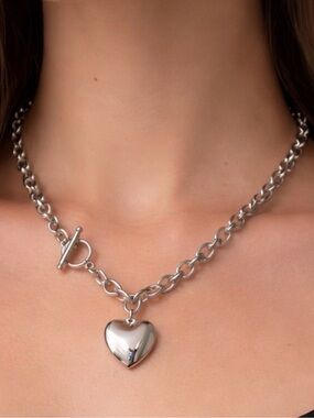Silver Heart Pendant Toggle Necklace - Classic Women's Jewelry